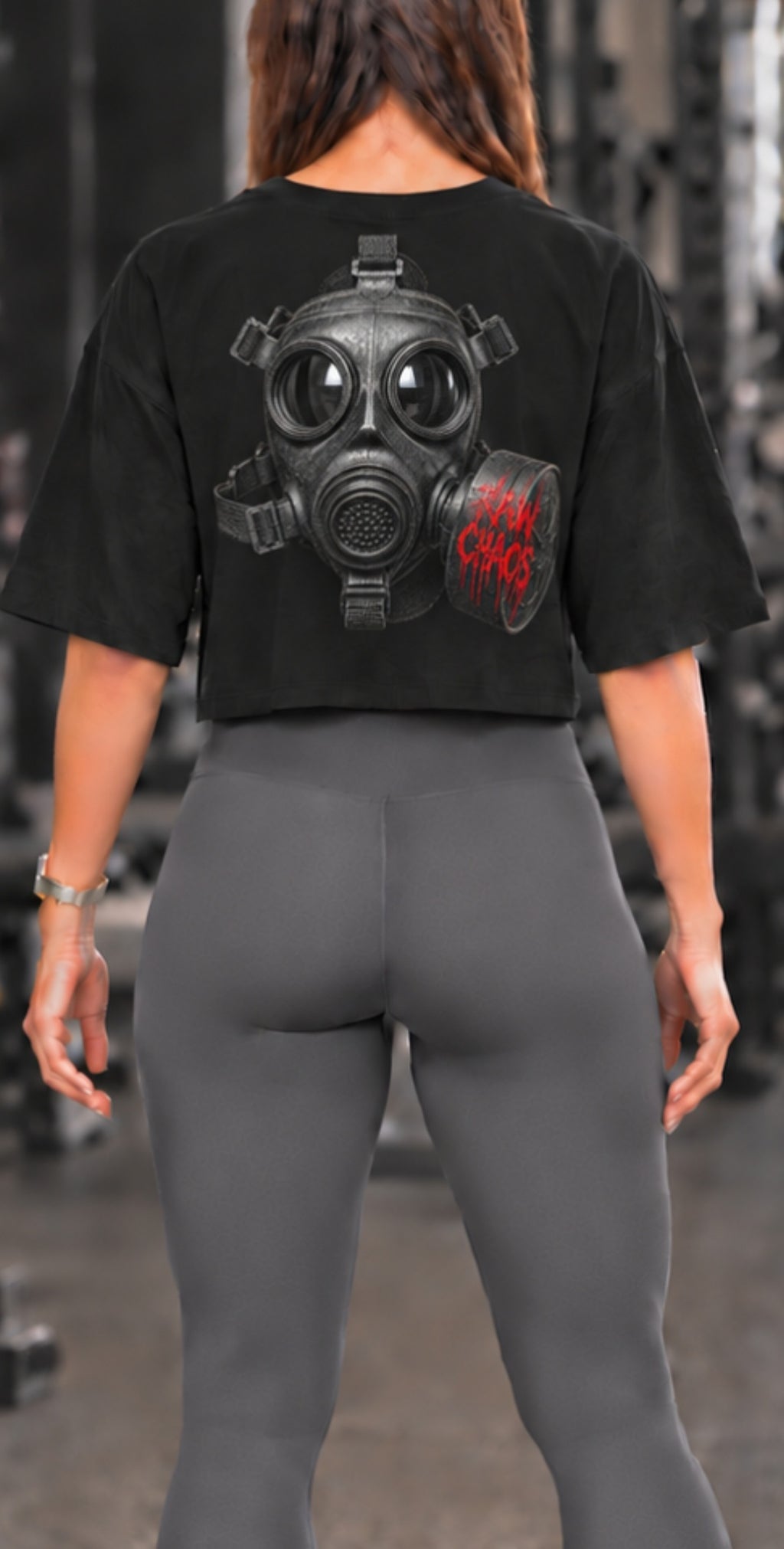 Womens crop top! Gas mask logo. Polyester.