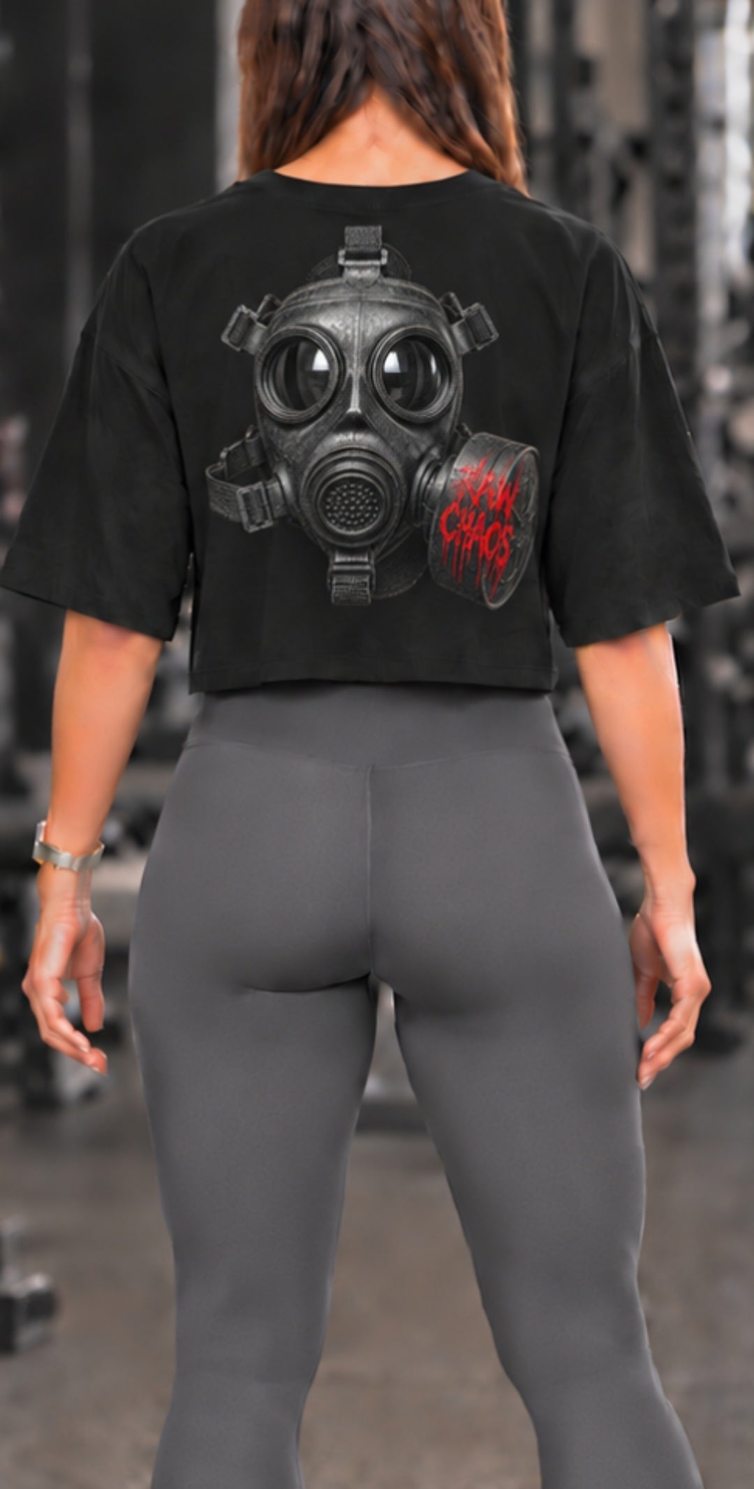 Womens crop top! Gas mask logo. Polyester.