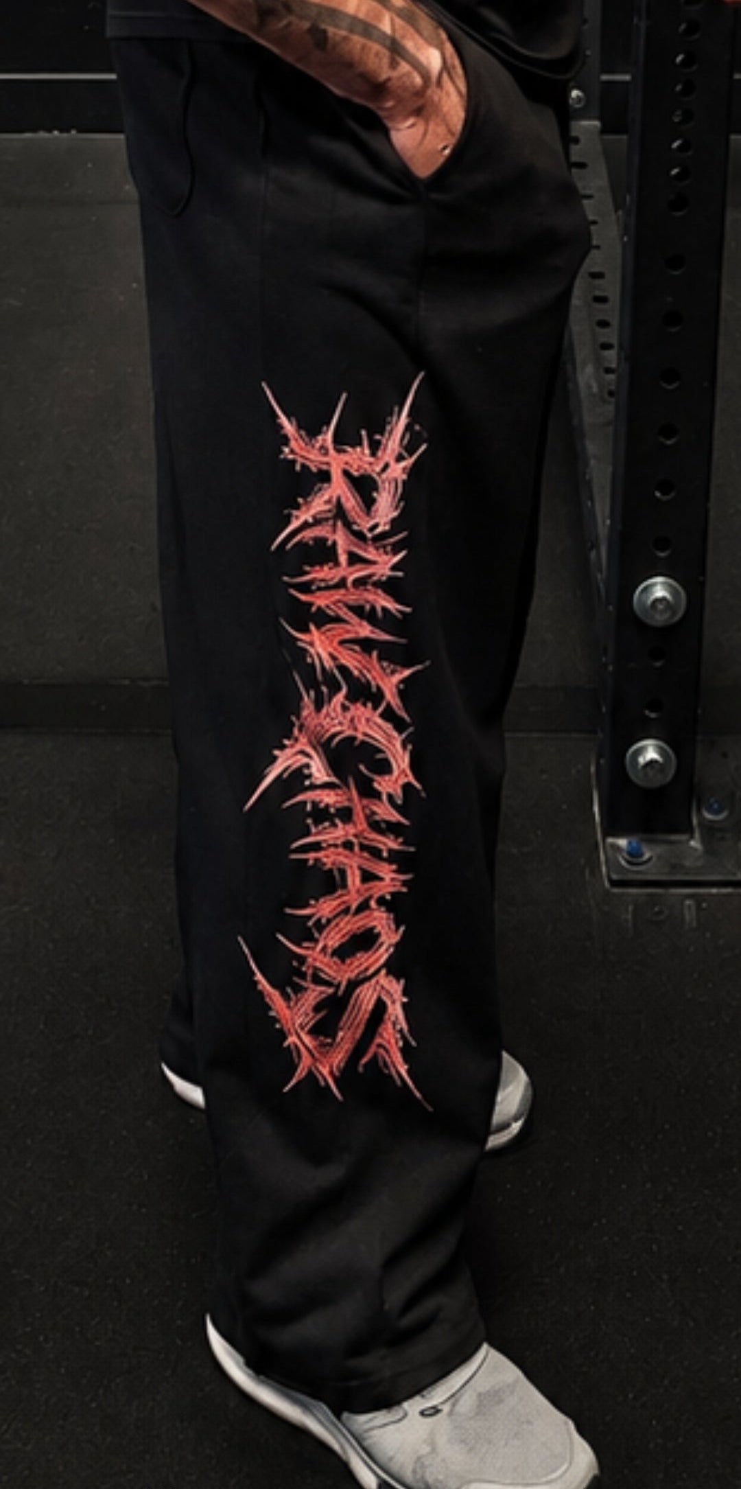 Ultra wide leg pants! 3D Thorns logo in red.