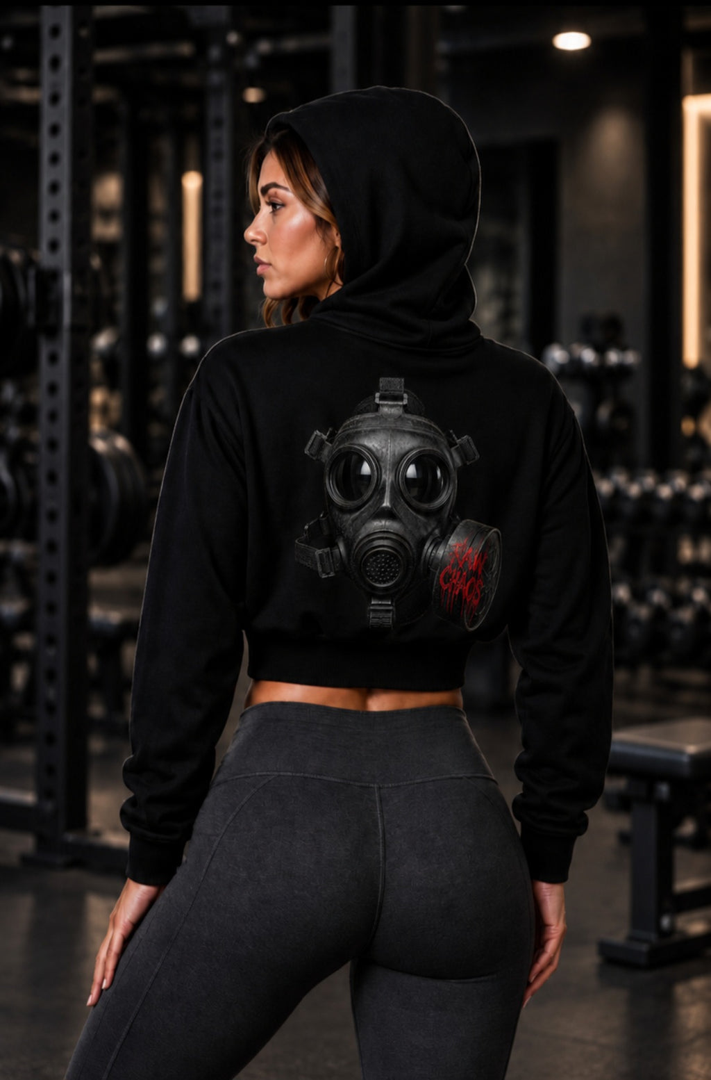 Womens crop top hoodie! Out of gas gas mask logo!